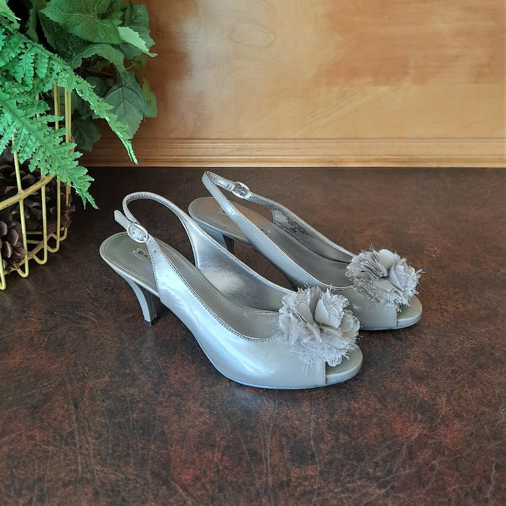 Bandolino Gray Peep-Toe Heels with Floral Accent